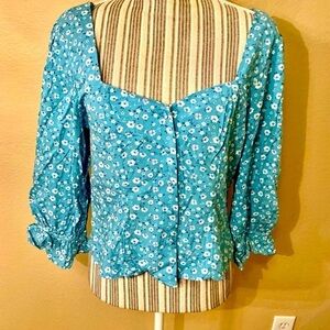 NWT Cropped Peasant Blouse Large ROW A Teal Seafoam White Floral 3/4 Slvs